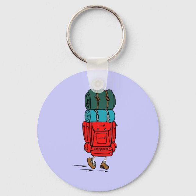 Blue Cartoon Backpacker Hiker Keychain (Front)