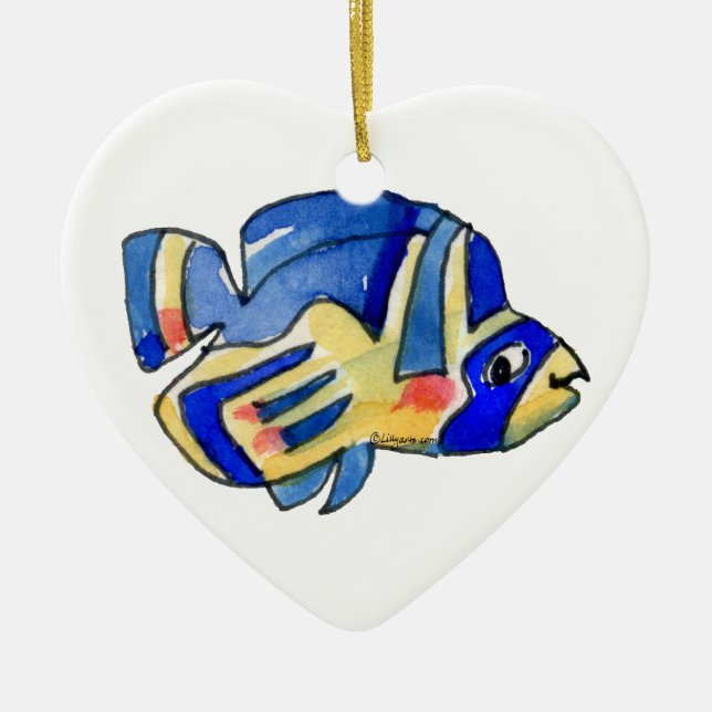Blue Cartoon Butterfly Fish Ceramic Ornament (Front)