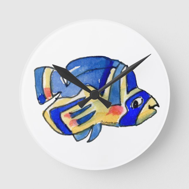 Blue Cartoon Butterfly Fish Round Clock (Front)