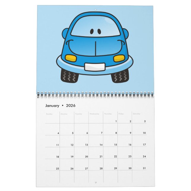 Blue cartoon car calendar (Jan 2026)