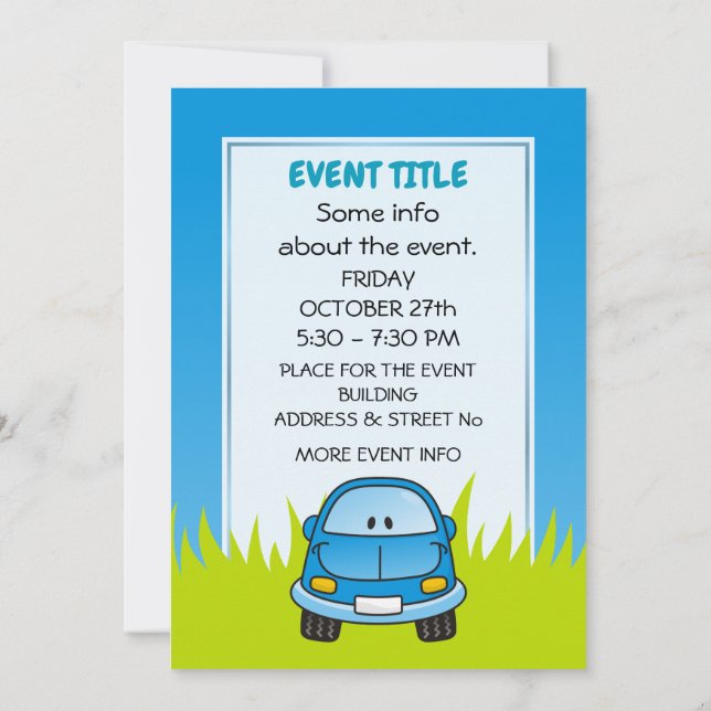 Blue Cartoon Car Invitation (Back)