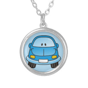 Blue cartoon car silver plated necklace