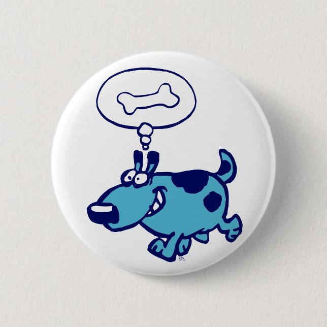 Blue Cartoon Dog thinking of bone Button Badge (Front)