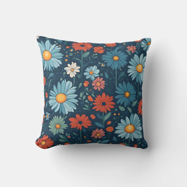 Blue Cartoon Floral Throw Pillow (Front)