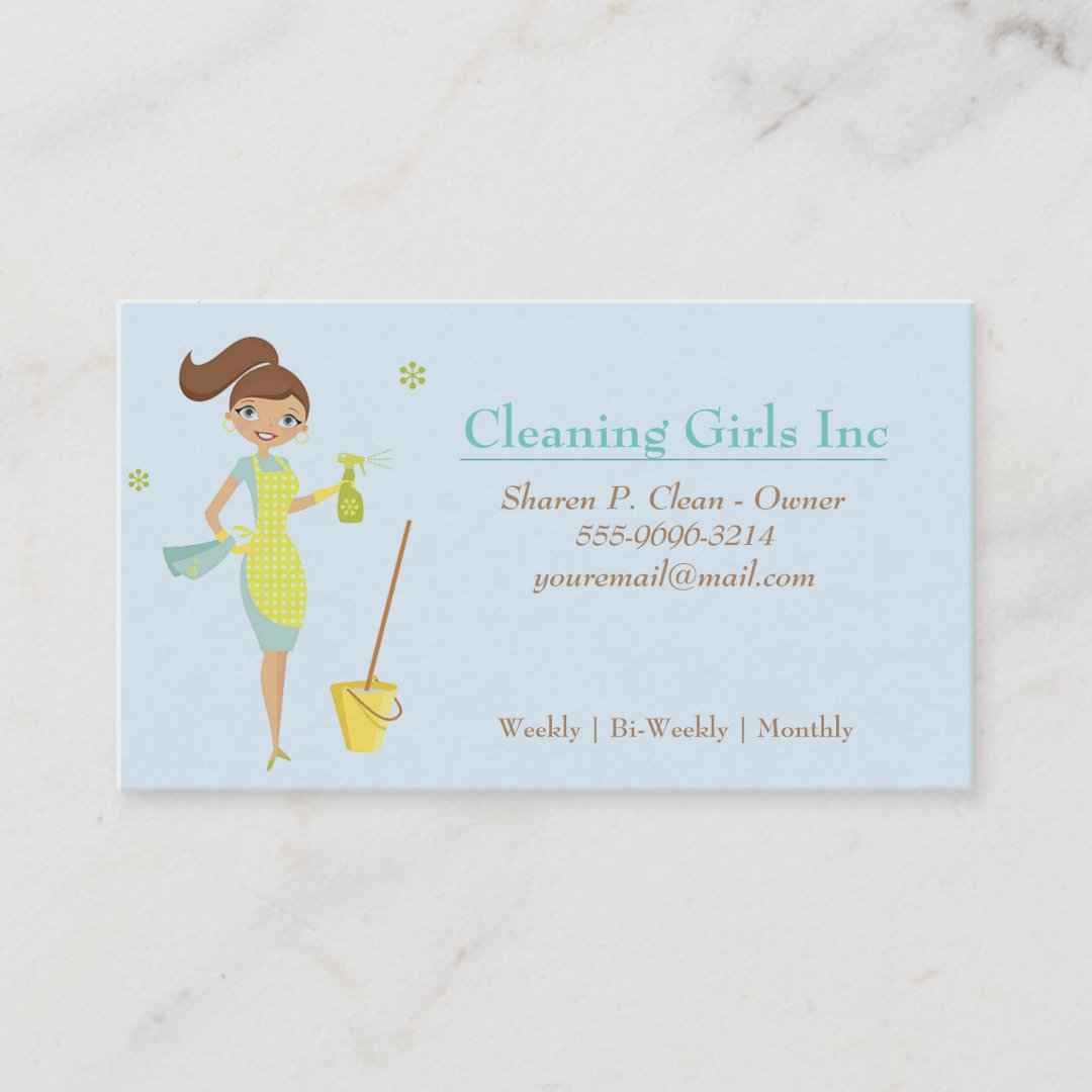 Blue Cartoon Girl House Cleaning Service Business Card | Zazzle