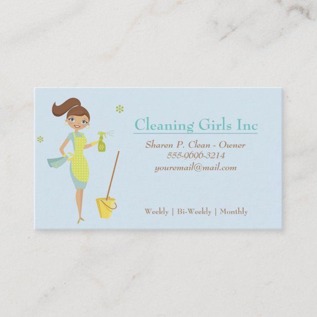 Blue Cartoon Girl House Cleaning Service Business Card (Front)