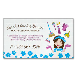 Blue Cartoon Girl Maid House Cleaning Service Business Card Magnet