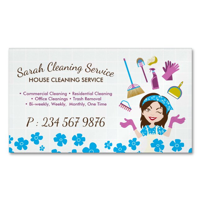 Blue Cartoon Girl Maid House Cleaning Service Business Card Magnet
