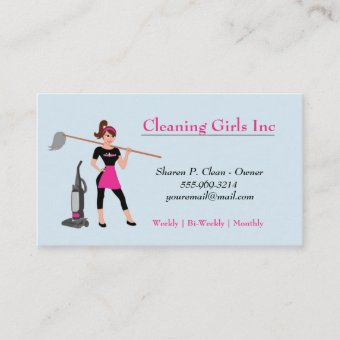 Blue Cartoon Girl With Mop House Cleaning Service Business Card | Zazzle