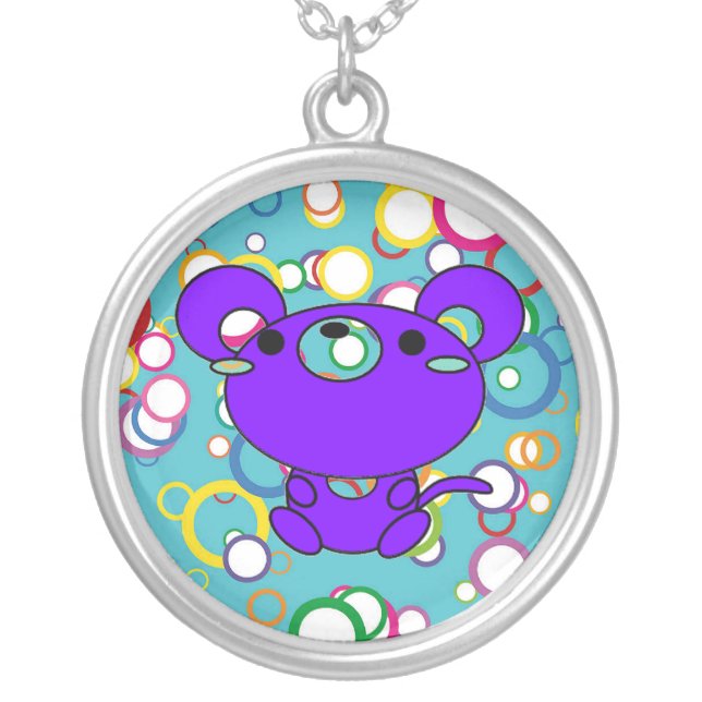 Blue Cartoon Kitty on Colored Circles Necklace (Front)