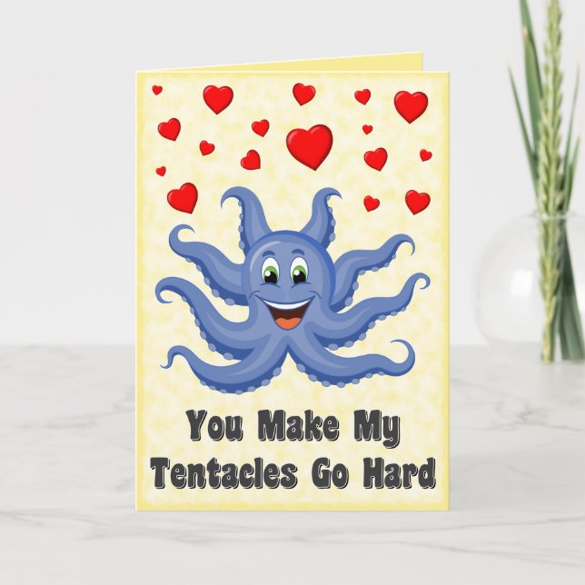 Blue Cartoon Octopus Hearts Funny Valentines Day Holiday Card (Front)