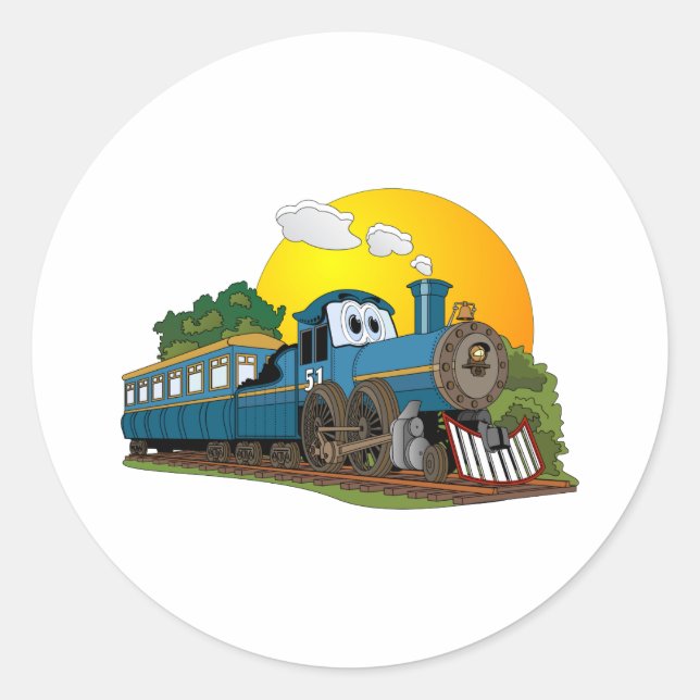 Blue Cartoon Passenger Steam Engine Classic Round Sticker (Front)