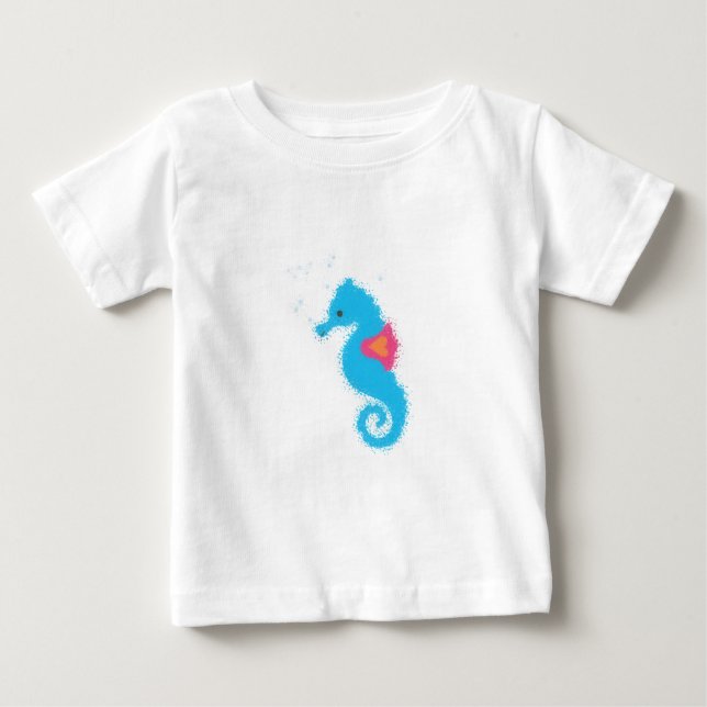 Blue Cartoon Seahorse Baby T-Shirt (Front)