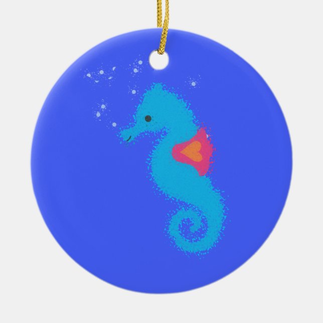 Blue Cartoon Seahorse Ceramic Ornament (Front)