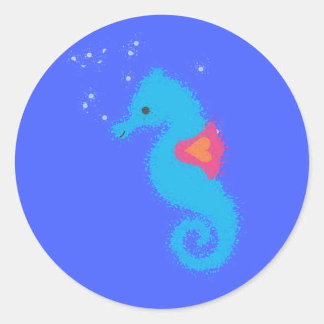 Blue Cartoon Seahorse Classic Round Sticker (Front)