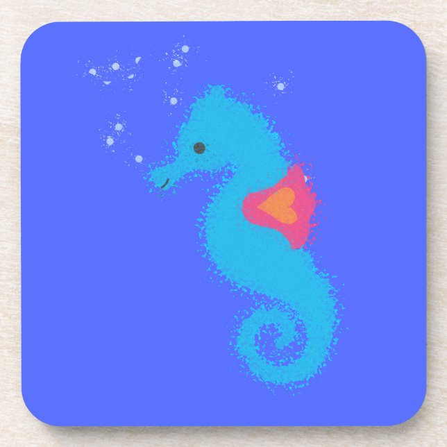 Blue Cartoon Seahorse Coaster (Front)