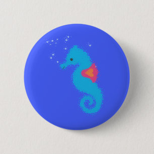 Blue Cartoon Seahorse Pinback Button