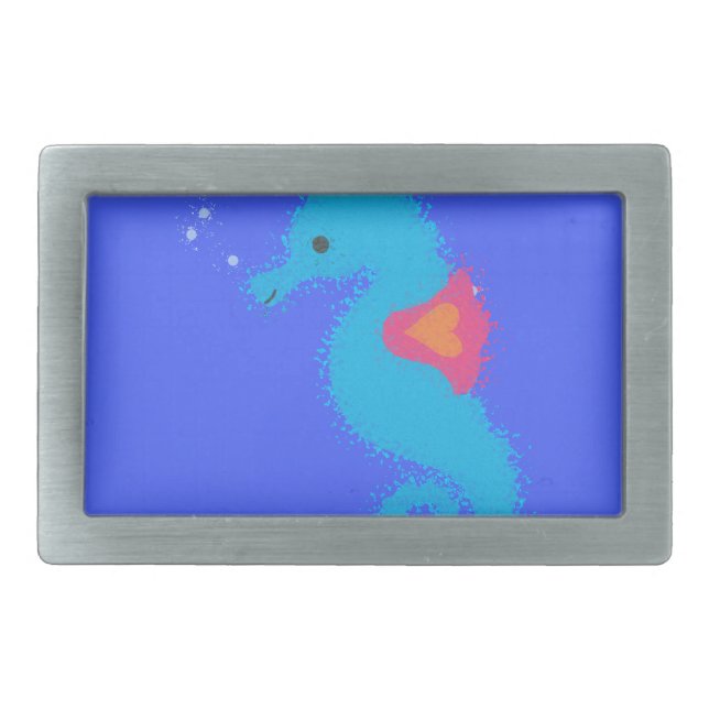 Blue Cartoon Seahorse Rectangular Belt Buckle (Front)