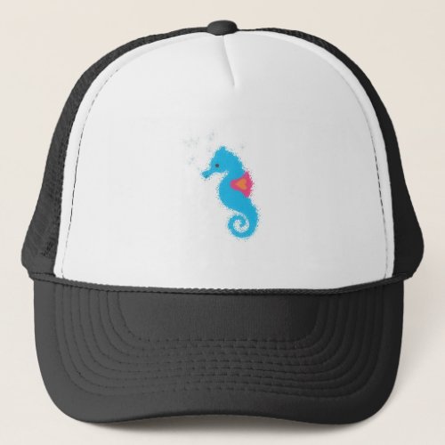 Blue Cartoon Seahorse Trucker Hat