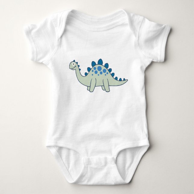 Blue Cartoon Stegosaurus Dinosaur One-Piece Baby Bodysuit (Front)