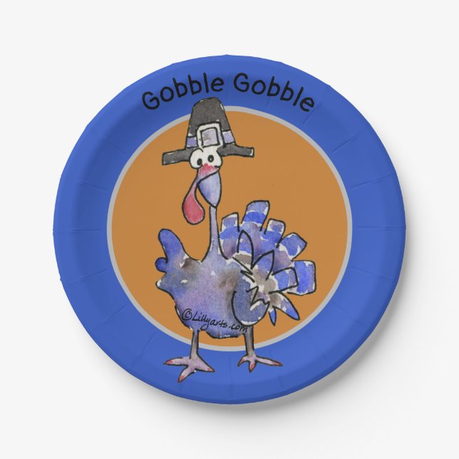 Blue Cartoon Turkey Gobble Paper Plates (Front)