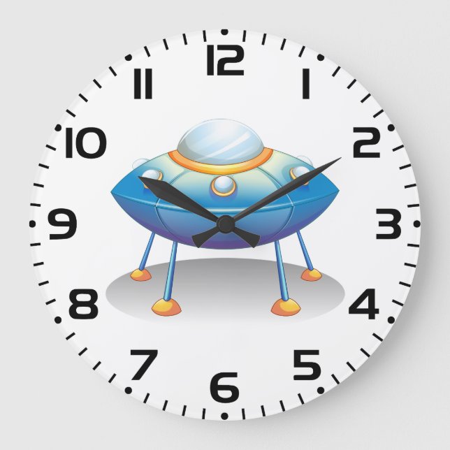 Blue Cartoon UFO Spaceship Fun Sci-Fi Large Clock (Front)