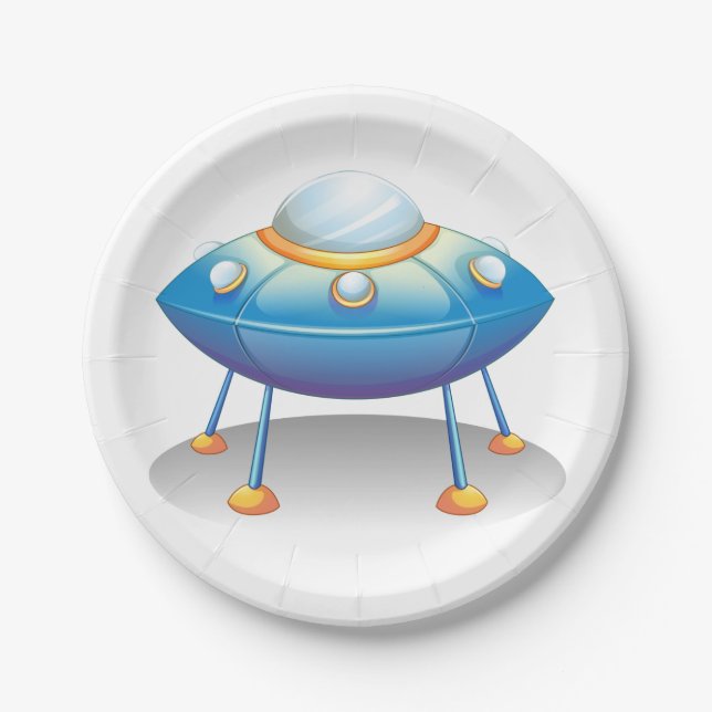 Blue Cartoon UFO Spaceship Fun Sci-Fi Paper Plates (Front)