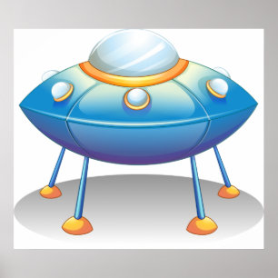 Blue Cartoon UFO Spaceship Fun Sci-Fi Poster