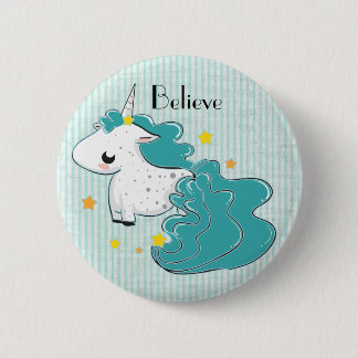 Blue cartoon unicorn with stars button