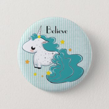 Blue Cartoon Unicorn With Stars Button by antico at Zazzle
