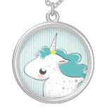 Blue Cartoon Unicorn With Stars Necklace at Zazzle