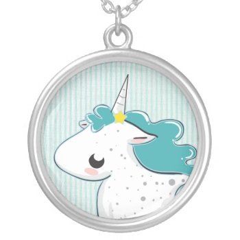 Blue Cartoon Unicorn With Stars Necklace by antico at Zazzle