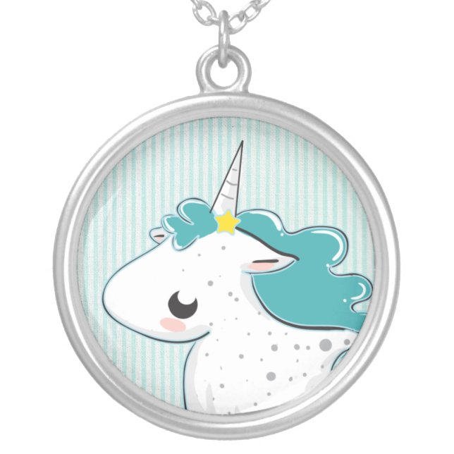 Blue cartoon unicorn with stars Necklace (Front)