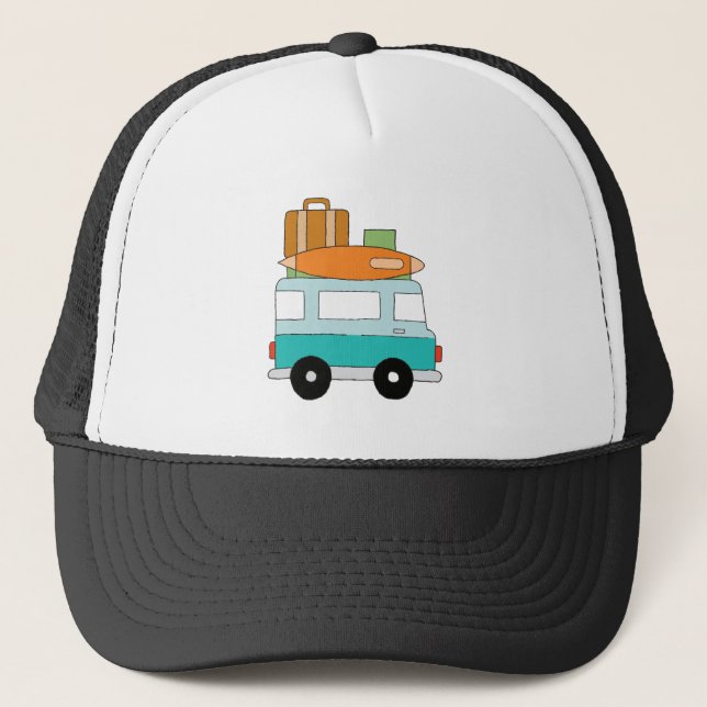 Blue Cartoon Van Best Family Adventure Vacations Trucker Hat (Front)