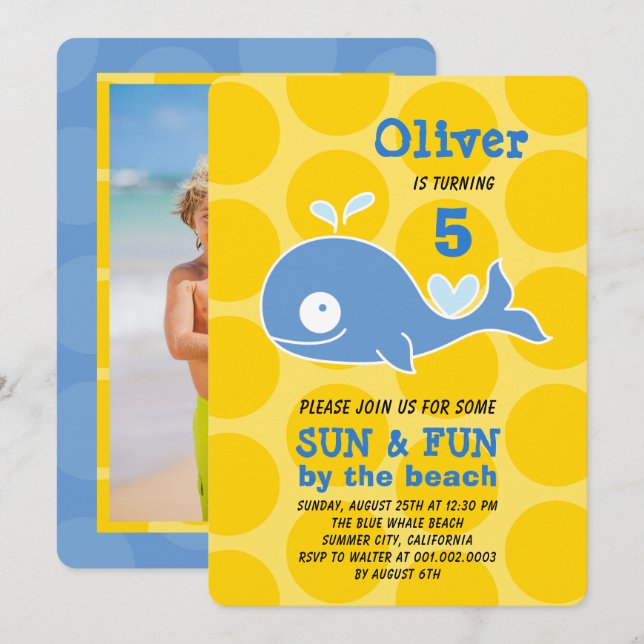 Blue Cartoon Whale Beach Party Photo Boy Birthday Invitation (Front/Back)