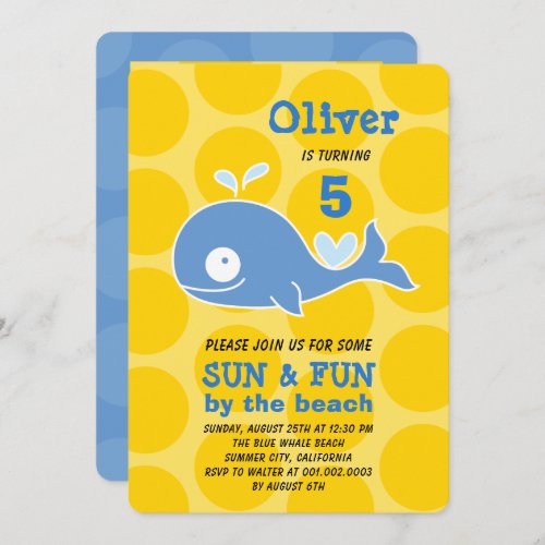 Blue Cartoon Whale Beach Party Photo Boy Birthday Invitation