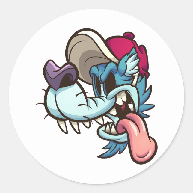 blue cartoon wolf with hollow eyes and baseball ca classic round sticker (Front)