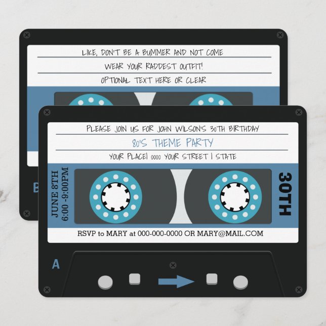 Blue Cassette Tape Retro 80s Birthday Party Invitation (Front/Back)