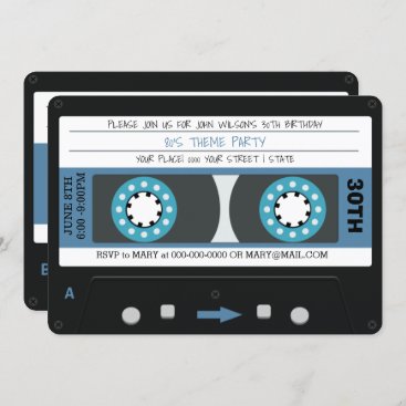 Blue Cassette Tape Retro 80s Birthday Party Invitation