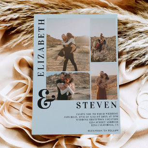 Blue casual bold ampersand 5 photo grid wedding invitation