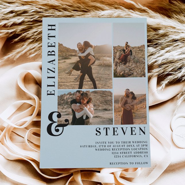 Blue casual bold ampersand 5 photo grid wedding invitation (Creator Uploaded)