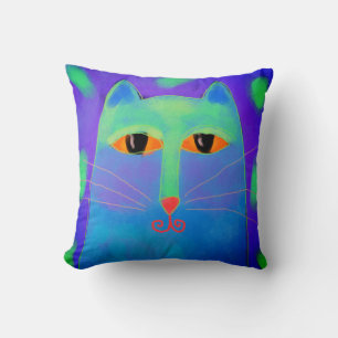 Blue Cat Abstract Art Throw Pillow