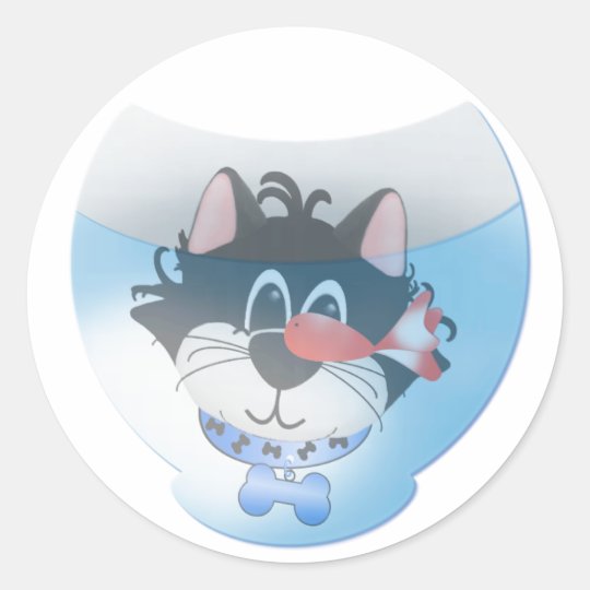 Blue Cat and Fishbowl Classic Round Sticker