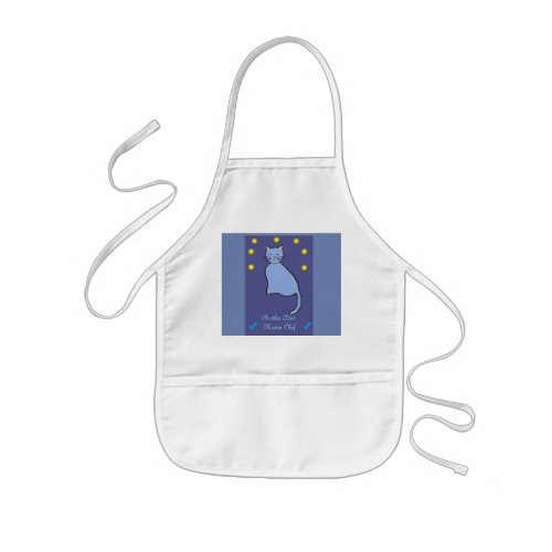 Blue Cat Cartoon with Stars  check marks for boy Kids Apron