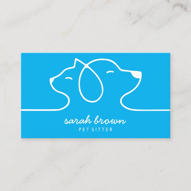 Blue Cat Dog Line Logo Petsitter Business Card (Front)