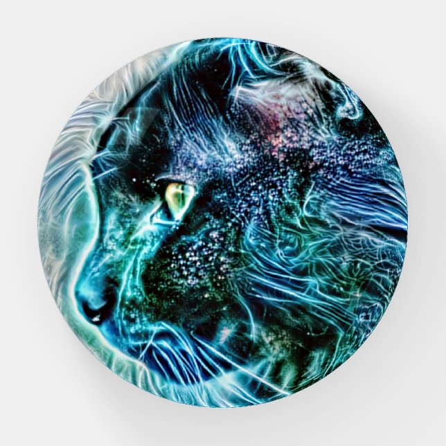 Blue Cat Fantasy Art Glass Paperweight (Front)