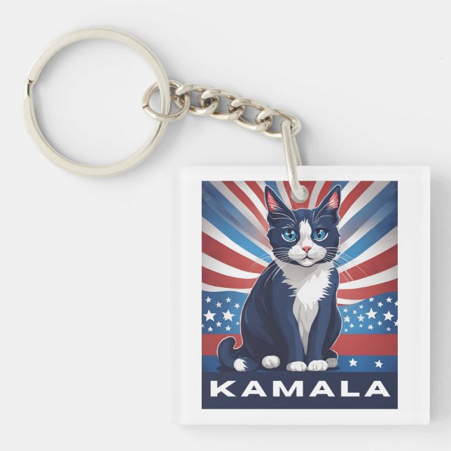 Blue Cat for Kamala 2024 US Election Democrat Keychain (Front)