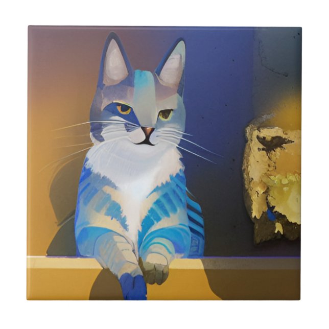 Blue cat golden sunshine illustration  ceramic tile (Front)