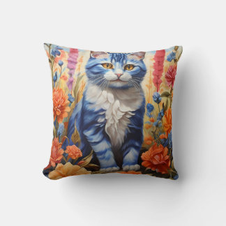 Blue Cat in a flower garden Throw Pillow