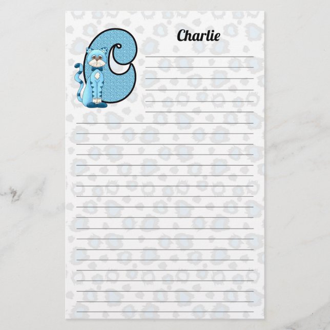 Blue Cat Mongram Boy's Letter C Lined Stationery (Front)